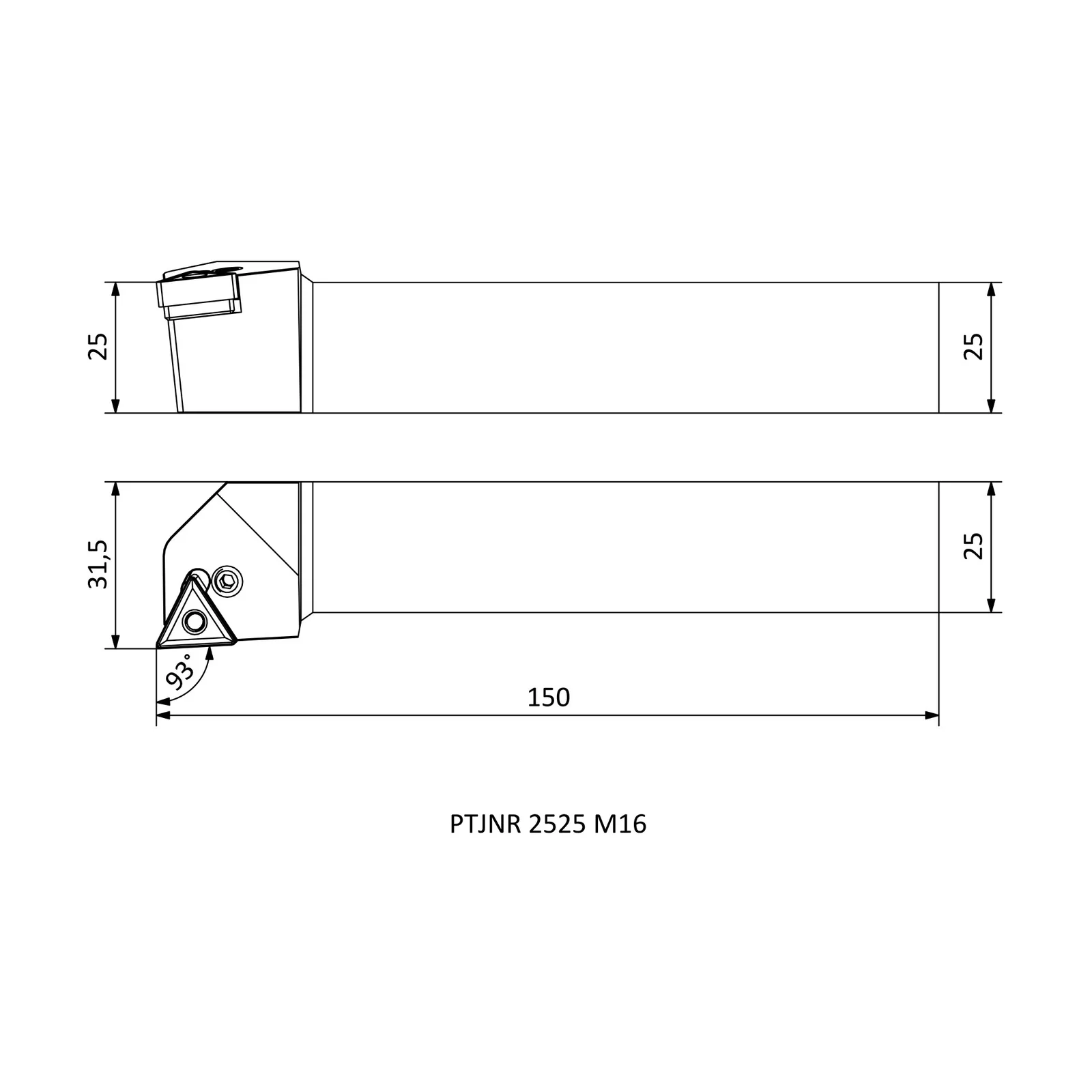 PTJNR 2525 M16 &mdash; dimensioned drawing