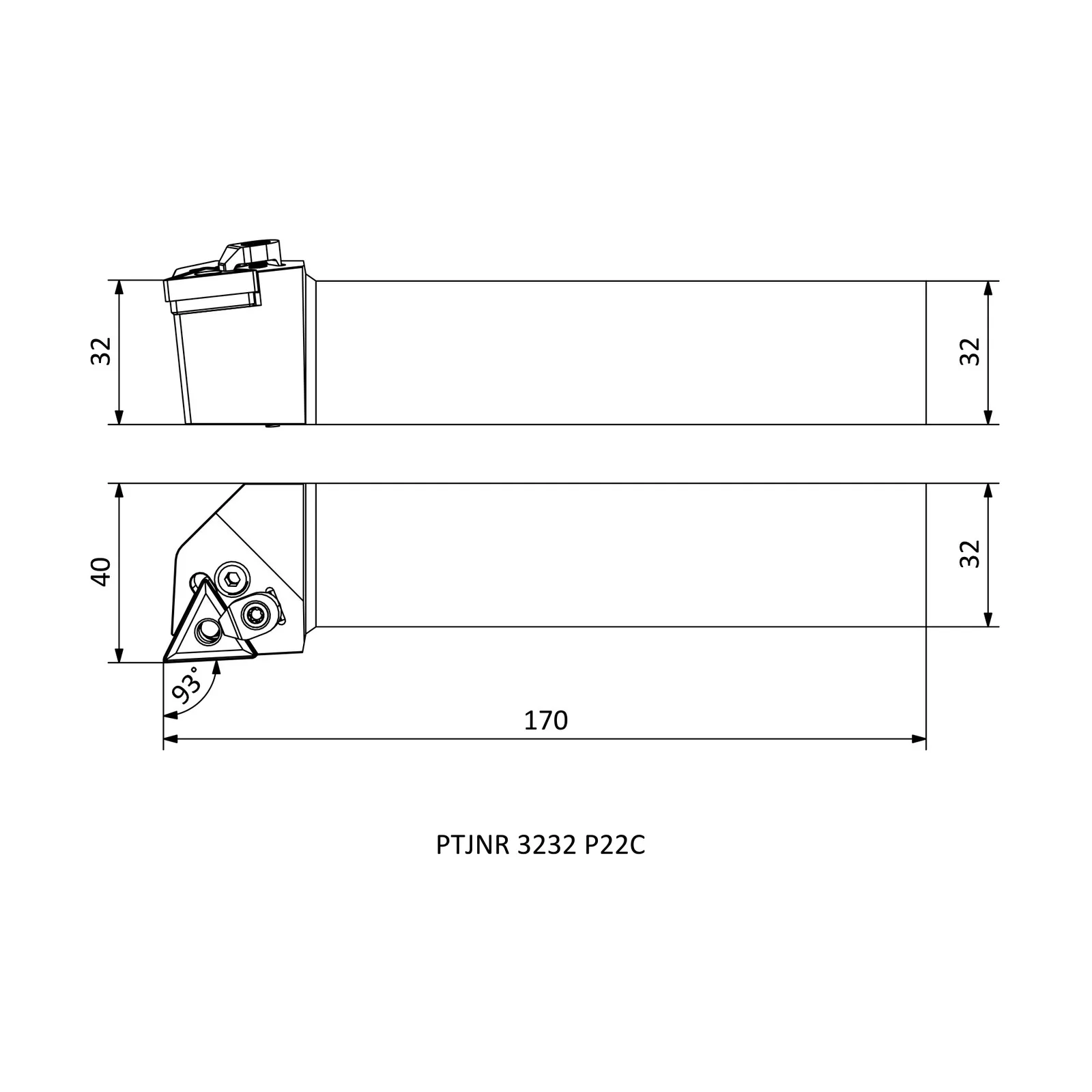 PTJNR 3232 P22C &mdash; dimensioned drawing