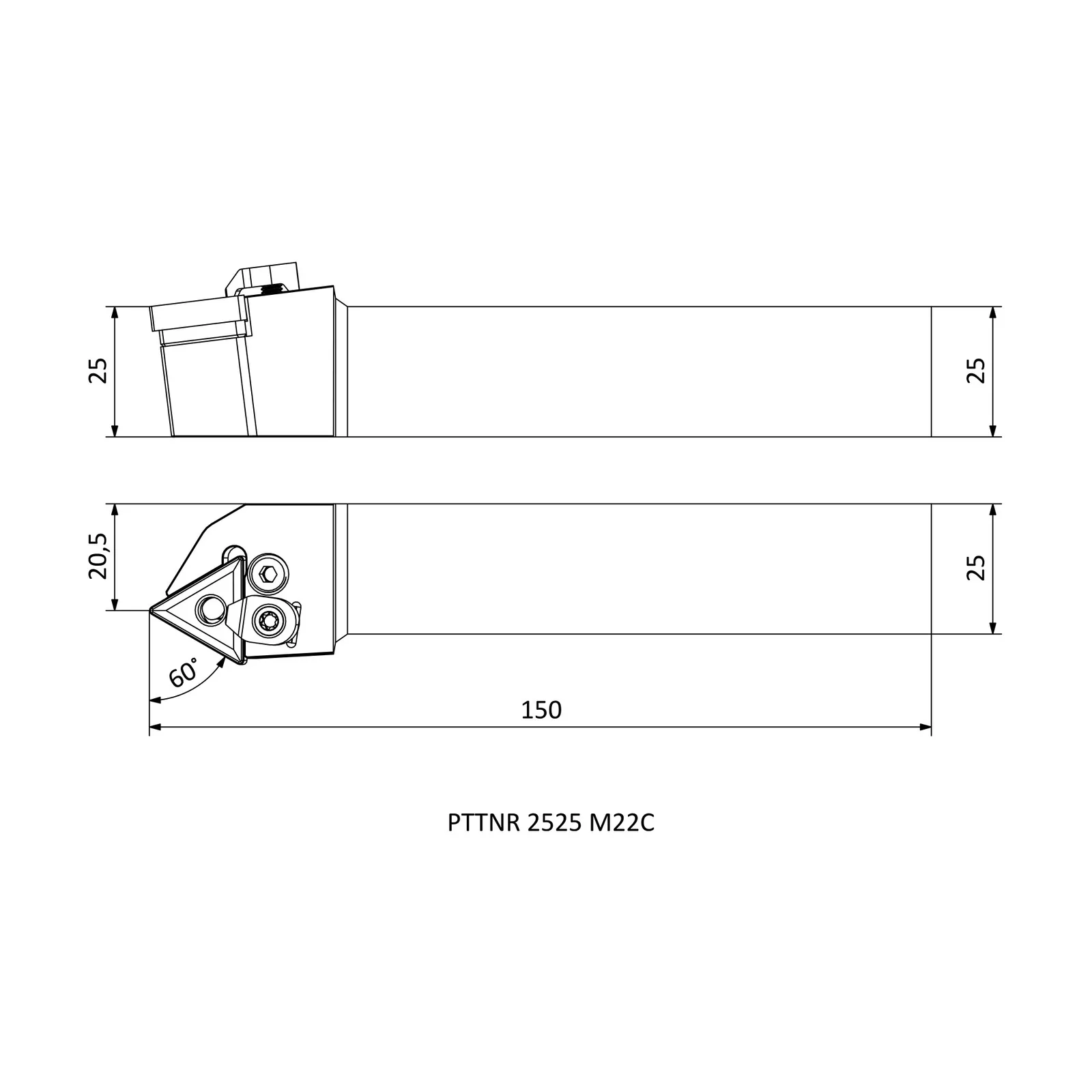PTTNR 2525 M22C &mdash; dimensioned drawing