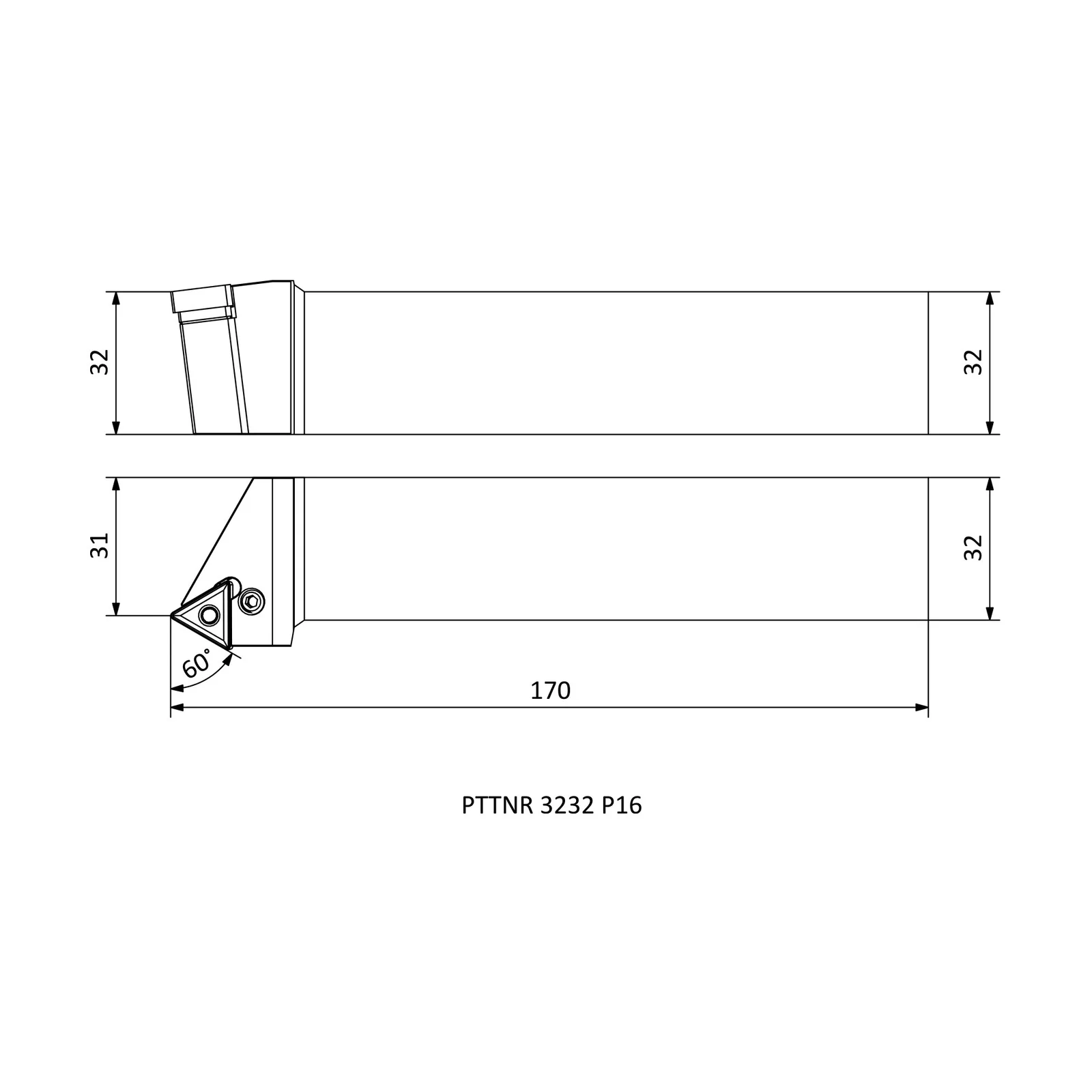 PTTNR 3232 P16 &mdash; dimensioned drawing