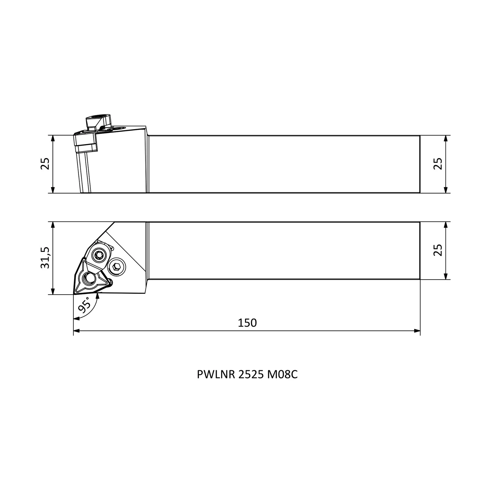 PWLNR 2525 M08C &mdash; dimensioned drawing