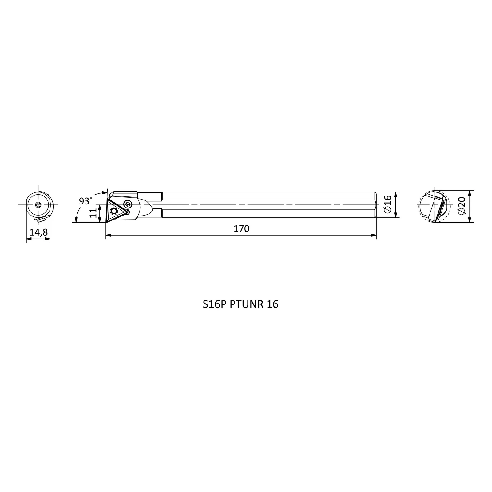 S16P PTUNR 16 &mdash; dimensioned drawing