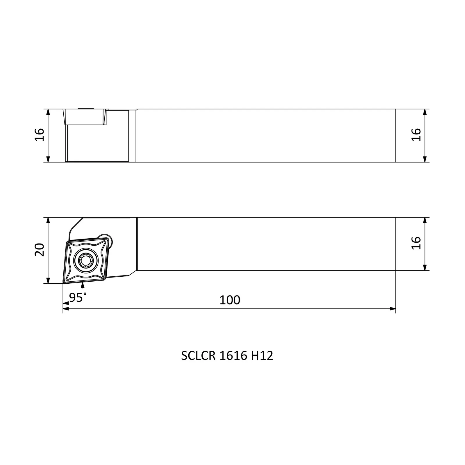 SCLCR 1616 H12 &mdash; dimensioned drawing