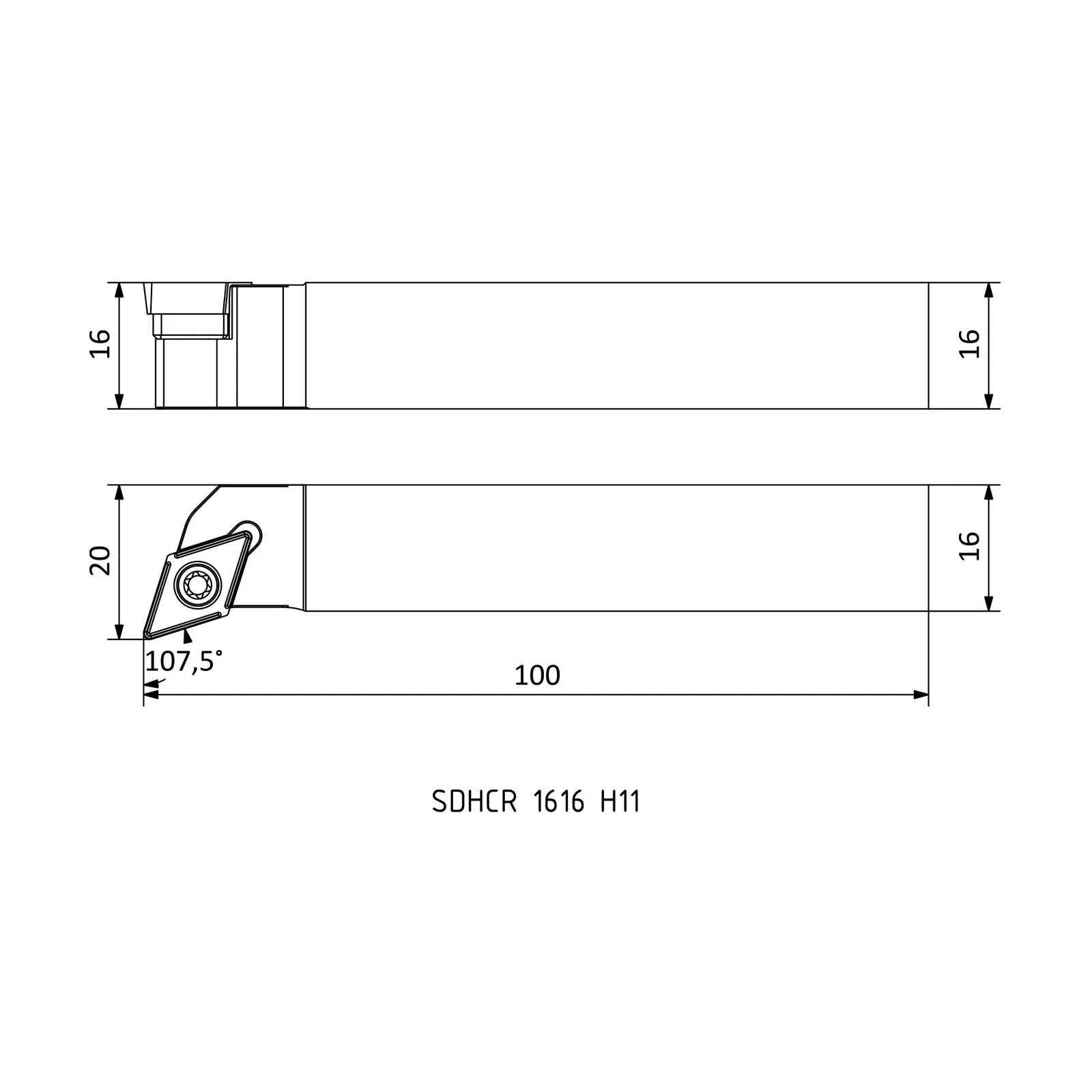 SDHCR 1616 H11 &mdash; dimensioned drawing