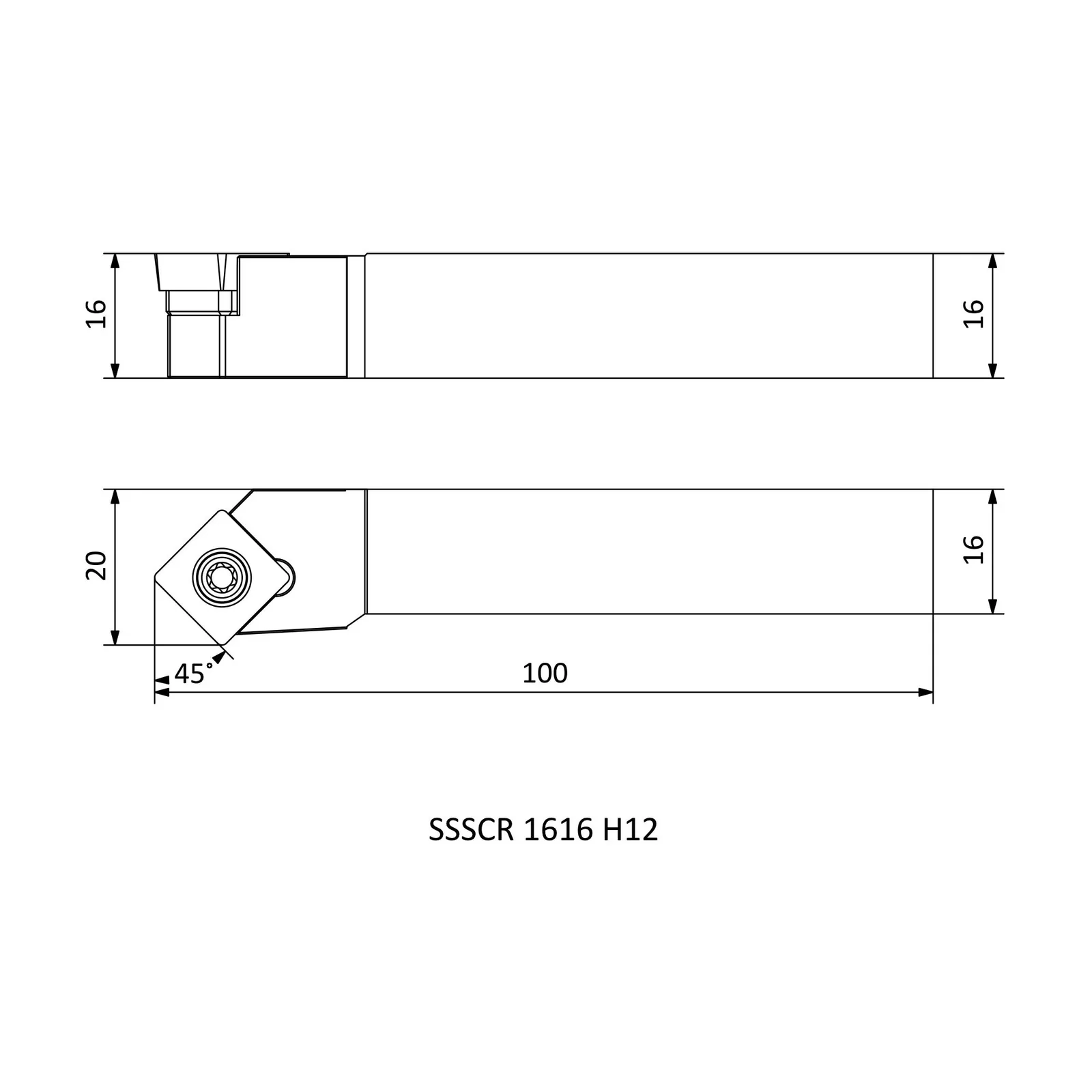SSSCR 1616 H12 &mdash; dimensioned drawing