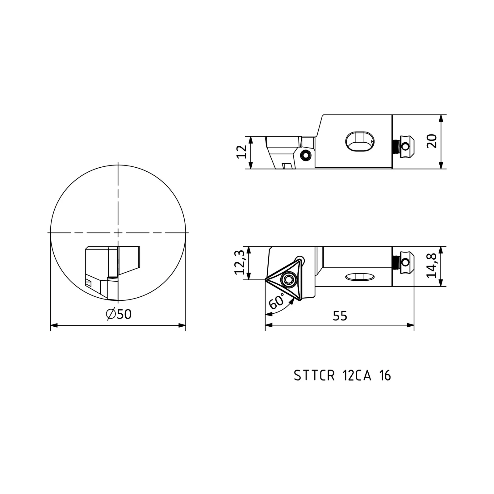 STTCR 12CA 16 &mdash; dimensioned drawing