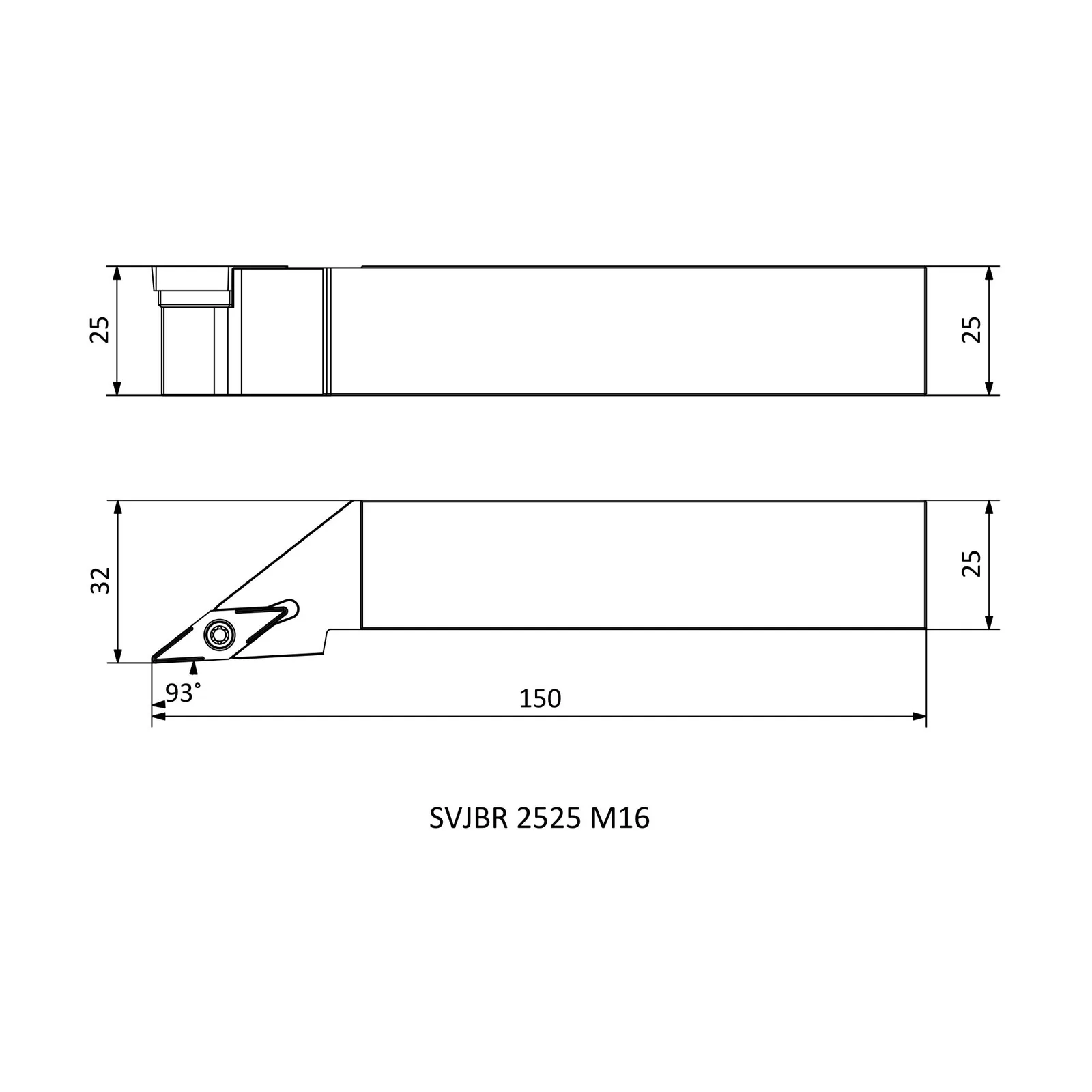 SVJBR 2525 M16 &mdash; dimensioned drawing